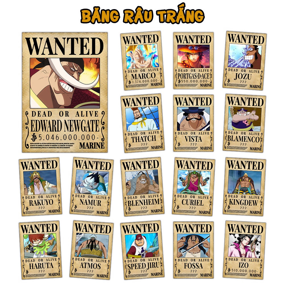 Poster one piece băng râu trắng, tờ truy nã one piece băng mũ rơm A4