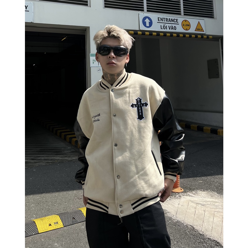Áo Khoác varsity Thêu chữ thập vintage chất dạ 2 lớp phối tay da Pu cao cấp KunShop04