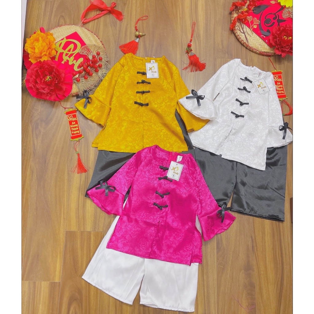 Bộ bà ba, bộ pháp phục đồ lam nơ đen đi chùa cho bé gái