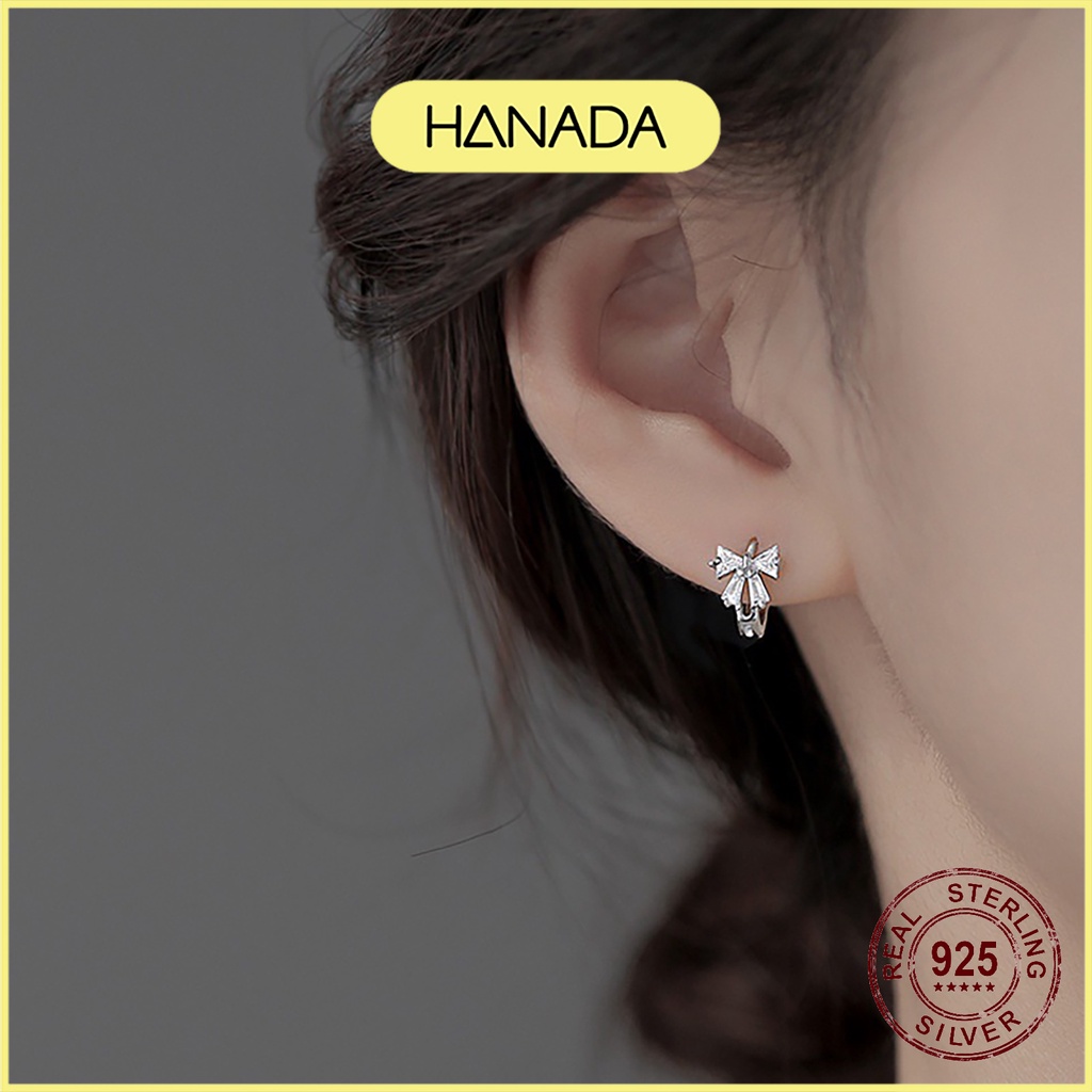 Khuyên Tròn Bạc 925 Hanada Bông Tai Tròn Bấm Bật Nơ Đính Đá Tiểu Thư 1014 D1