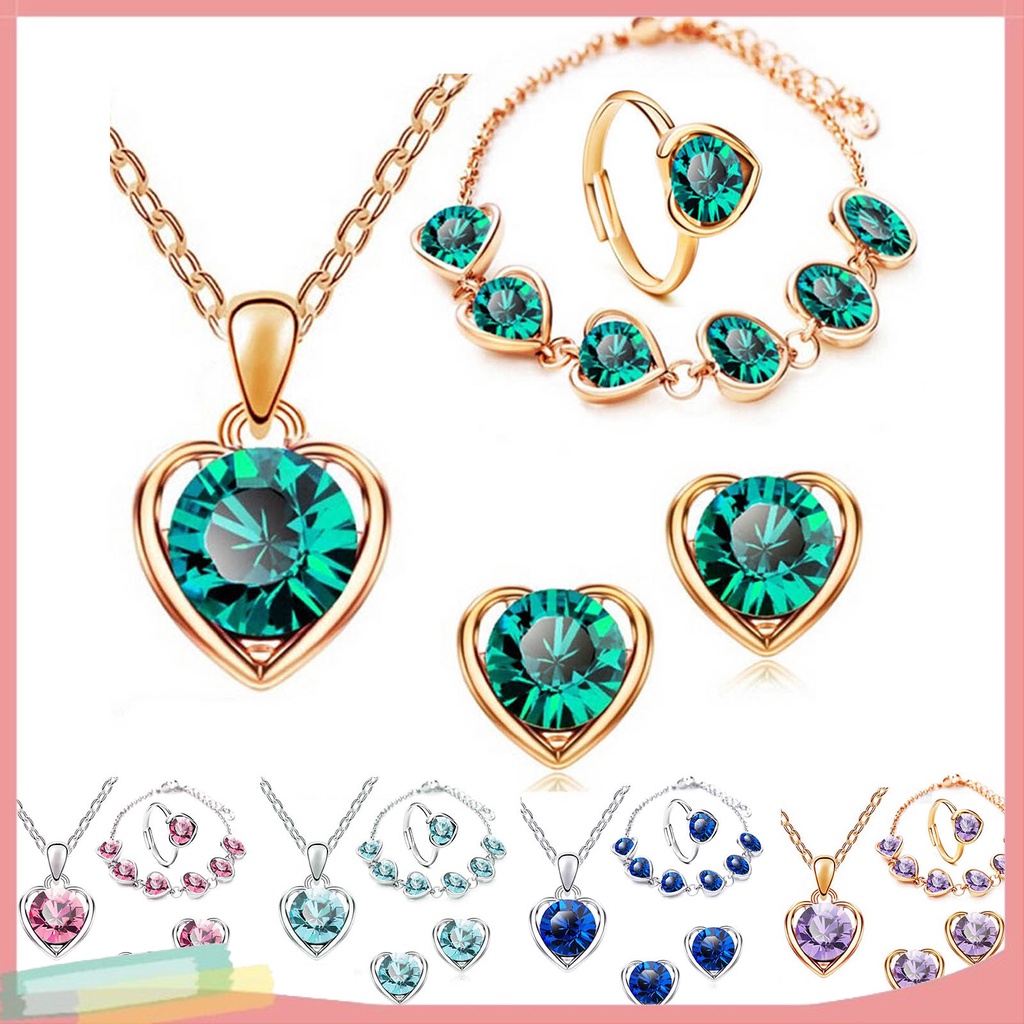 Bộ Trang Sức 4 Món Mặt Trái Tim Đính Đá Thời Trang Dành Cho Nữ