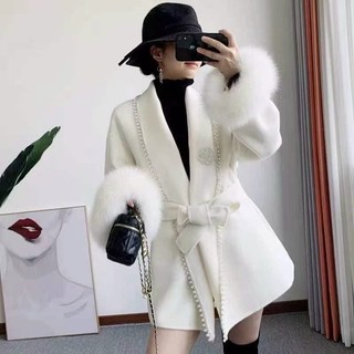 Áo choàng channel dạ lông thỏ viền ngọc kèm đai