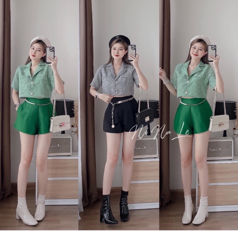 SET CROP DẠ CỔ VEST TAY NGẮN + SHORT