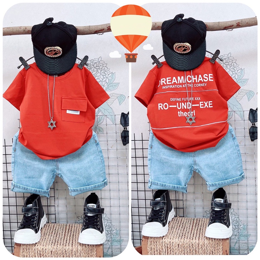 Đồ bộ bé trai, bộ jean phối túi sành điệu cho bé từ 15 đến 55 kg