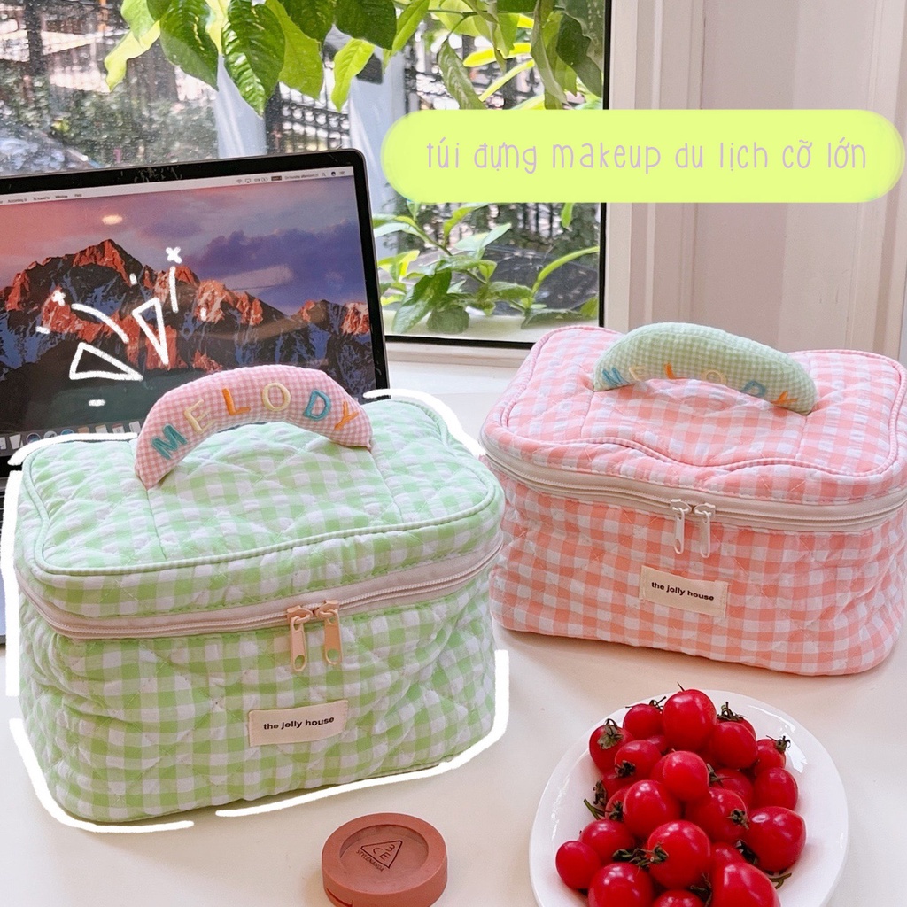 Túi Đựng Mỹ Phẩm Du Lịch Quai Cầm Tay Đồ Makeup Pouch Chần Bông Cỡ Lớn Melody