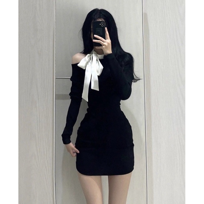ĐẦM BODY ĐEN KHOÉT VAI VIỀN THẮT NƠ TRẮNG