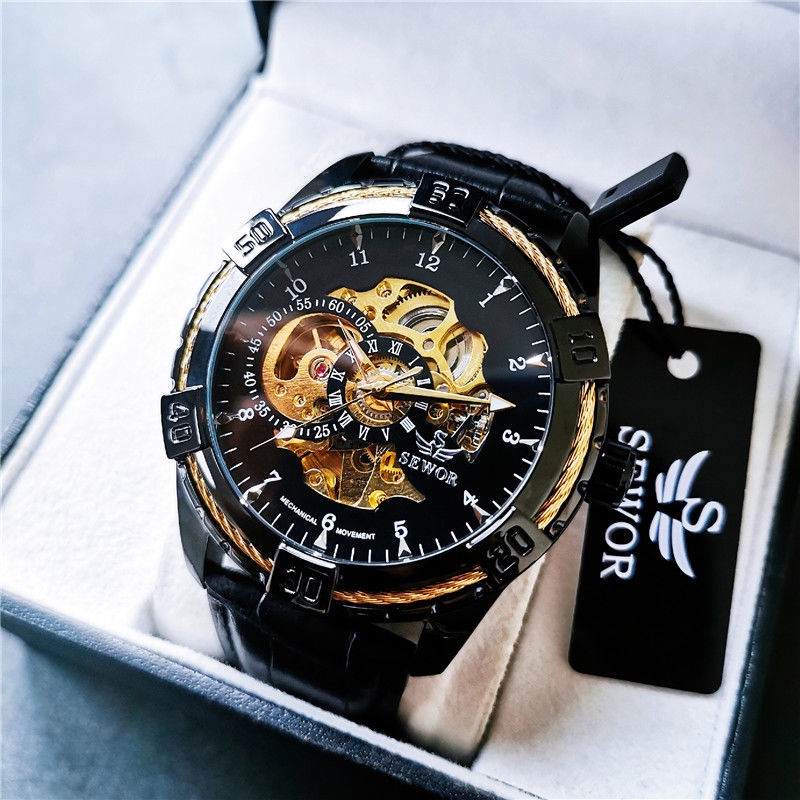 Đồng Hồ Cơ Tự Động Tourbillon Dây Da Thật Chống Thấm Nước Đa Chức Năng Thời Trang Cho Nam