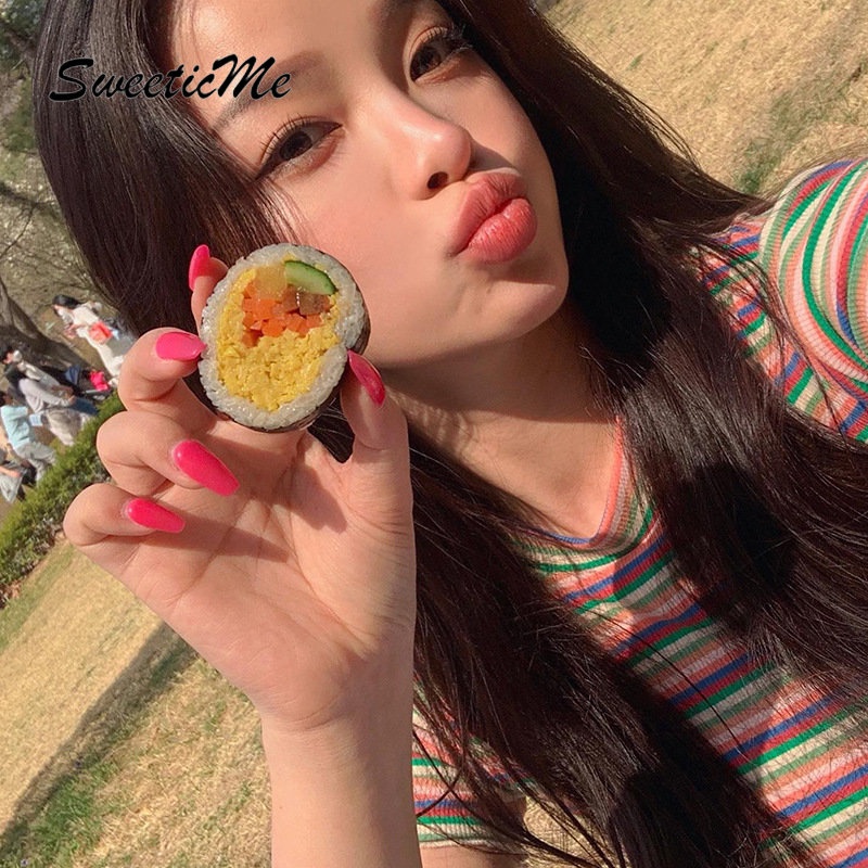 Áo Thun Tay Ngắn Dáng Ôm Phối Màu Tương Phản Thời Trang   Cho Nữ