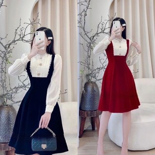 Váy nhung thiết kế phối ren đỏ - đen