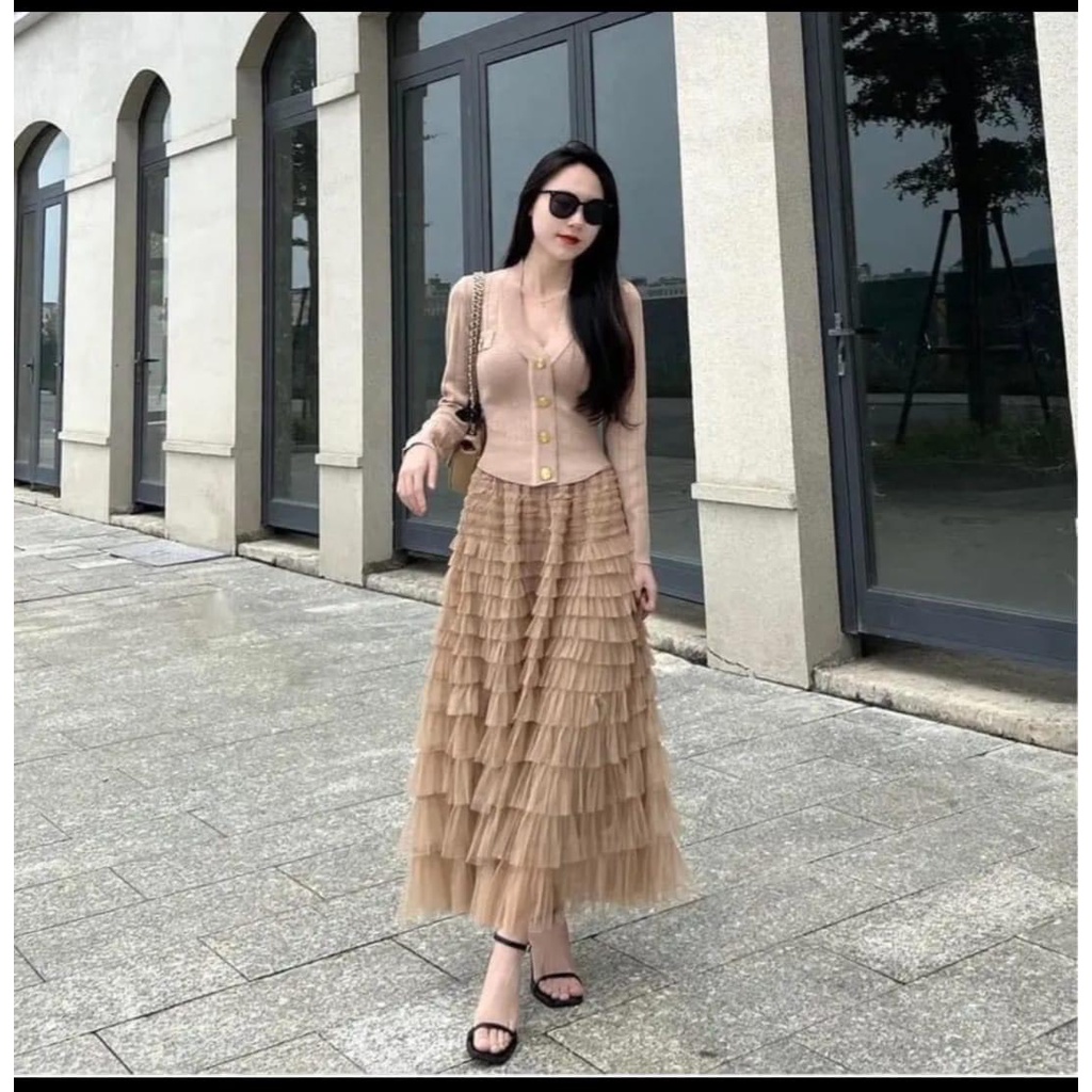 Chân váy tầng dáng dài cao cấp xòe rộng dễ phối đồ dài váy 95 cm