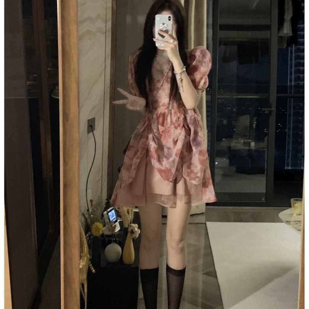 Đầm Cổ Vuông Tay Phồng In Họa Tiết Hoa Hồng Thời Trang Mùa Hè 2022