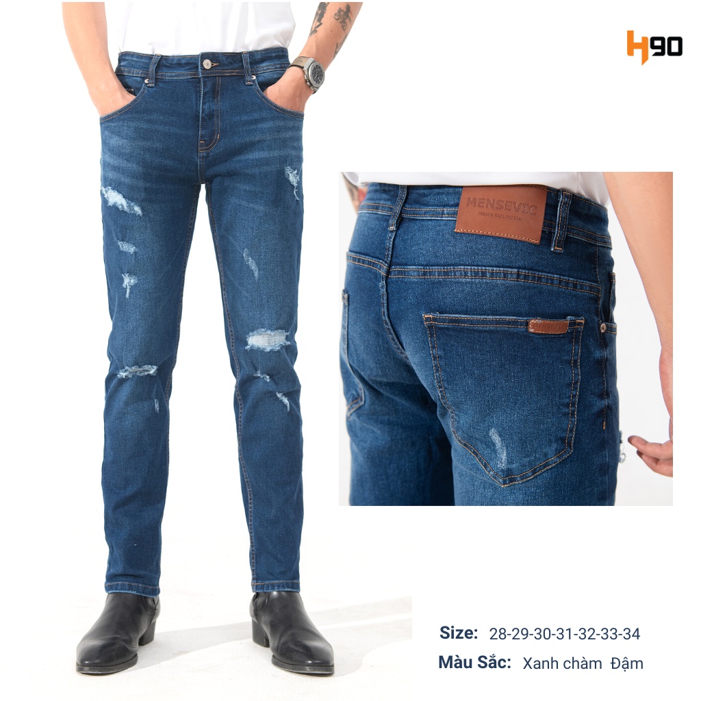 Quần Jean Nam Rách H90 Form Slimfit, Chất Bò Co Giãn Tốt Bền Màu Dáng Ống Côn Trẻ Trung Mài Rách Tự Nhiên MTRJ009