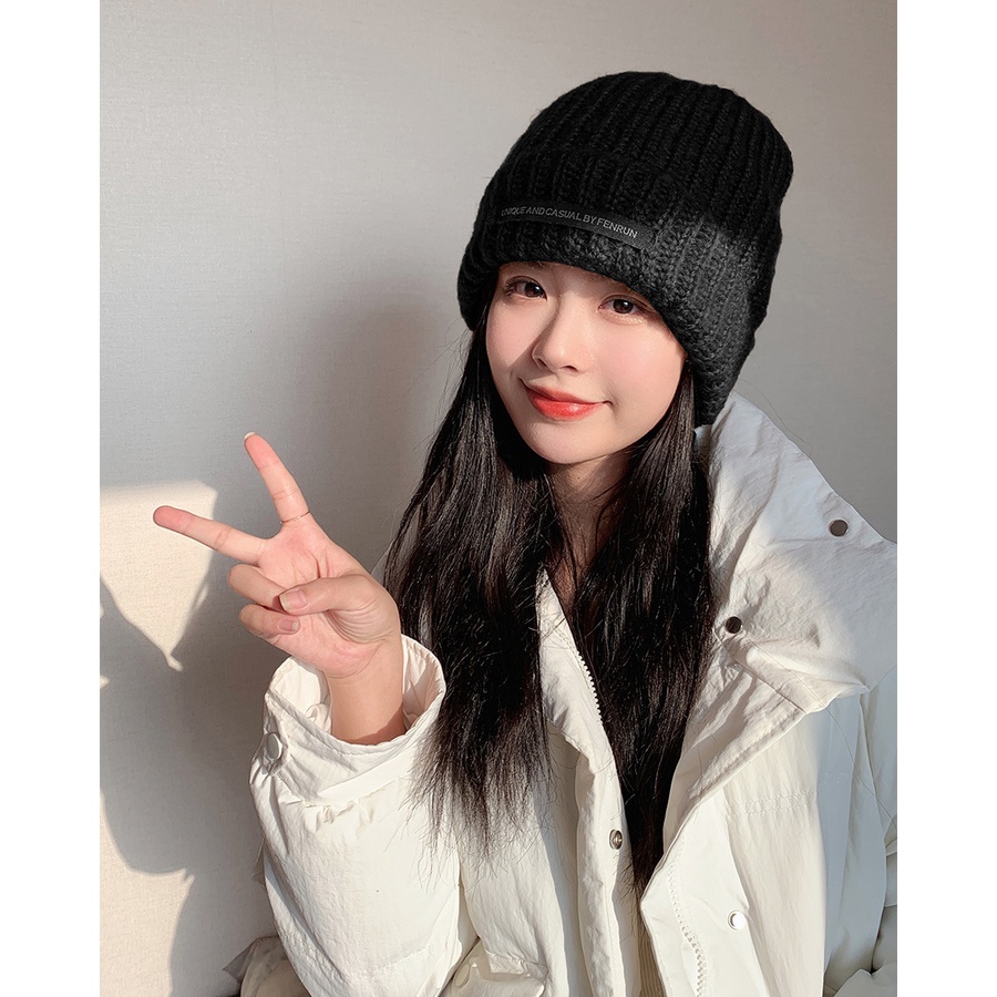 Mũ Len Nam Nữ Giữ Ấm Áp Phối Dải Băng Chữ Đen Phong Cách P2238