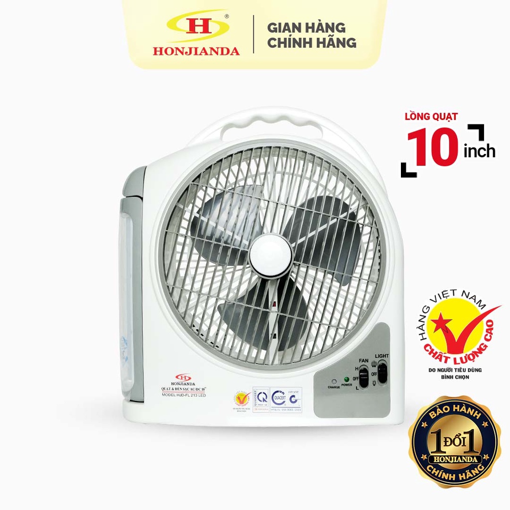 Quạt sạc tích điện dạng hộp AC&DC 10 inch Honjianda FL223/FL213 1-2 bình - có đèn LED & USB