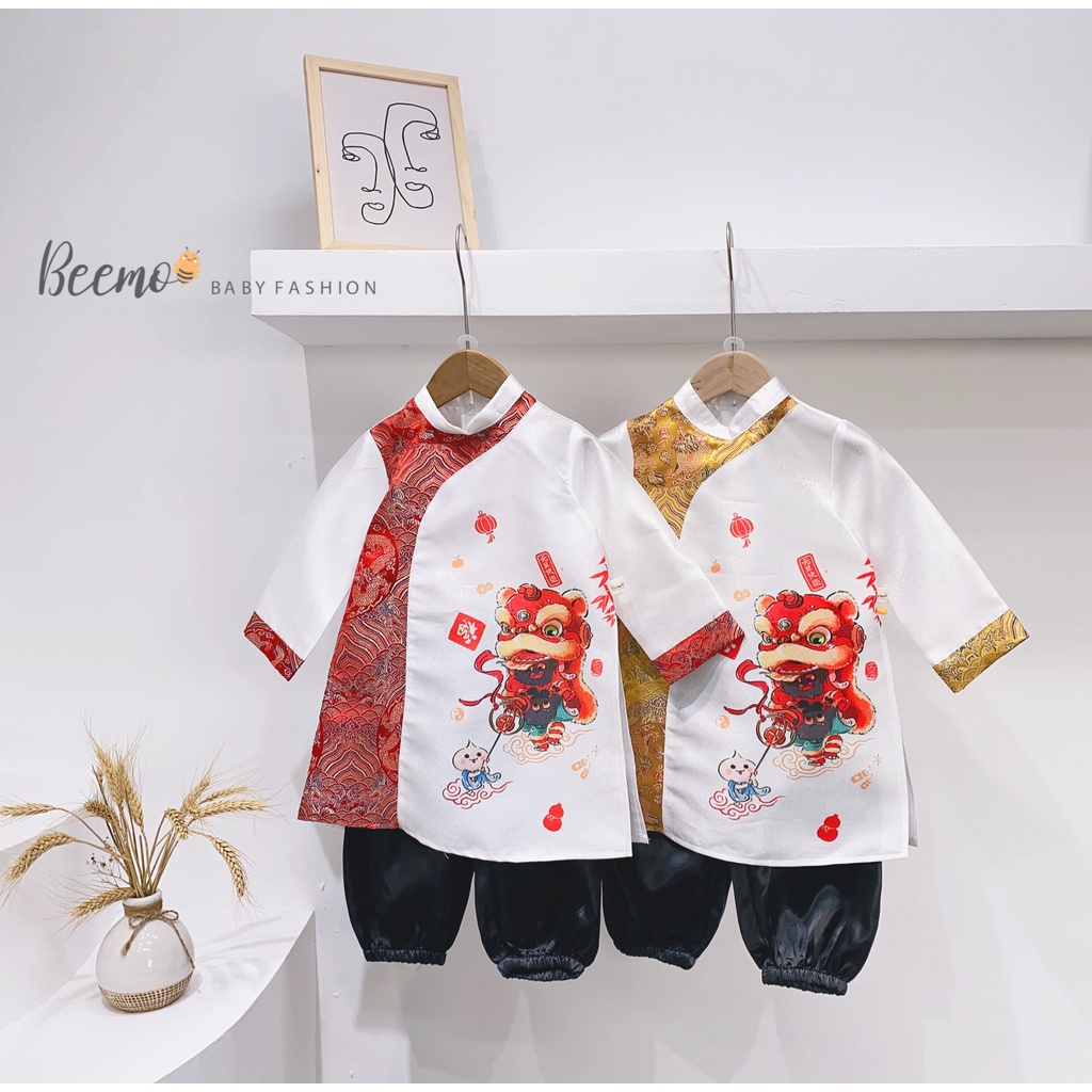 Set Áo Dài Bé Trai Phối Gấm In Hình Lân Và Quần Dài Đen