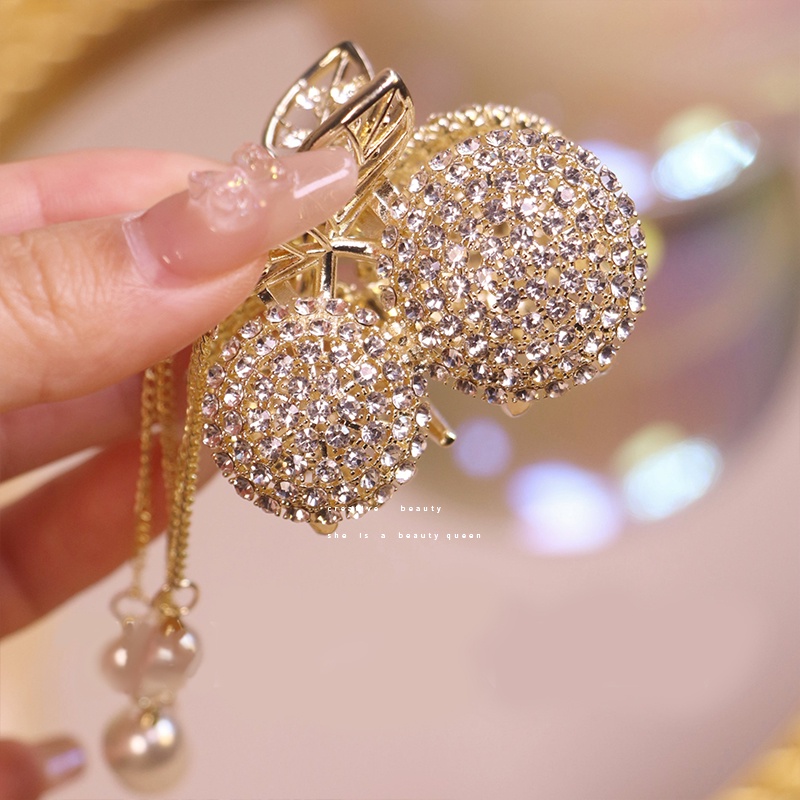 Kẹp Tóc Tua Rua Đính Đá Hình Quả Cherry Dễ Thương