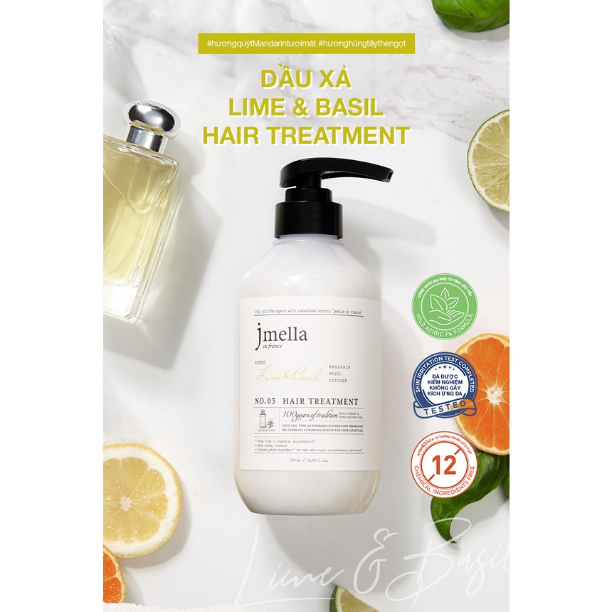 Dầu Xả Jmella In France Phục Hồi và Dưỡng Ẩm Hương No. 3 Lime & Basil Hair Treatment Chanh và Húng Quế Tươi Mát 500ml