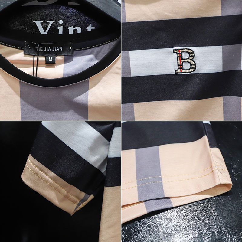 Áo Thun Tay Ngắn Bằng Lụa Lạnh In Chữ B Sọc Caro Trẻ Trung Thời Trang Mùa Hè Kiểu Châu Âu Cho Nam