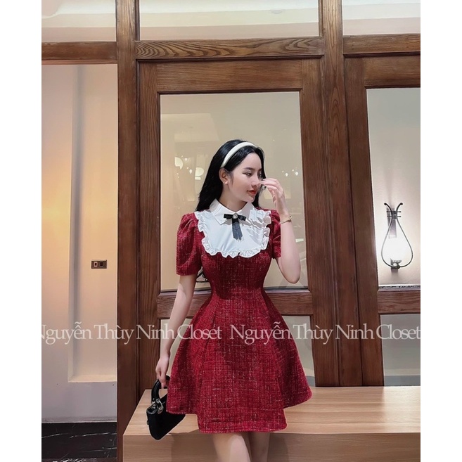 Đầm dự tiệc sang chảnh tiểu thư Hot Douyin vải dạ hoa nổi phối cúc dài tiểu thư đài cát tay phồng cài hoa