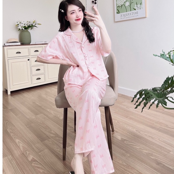 Bộ Nữ Pijama SOJJUN Đồ Mặc Nhà Quần Dài Tay Ngắn Lụa Xước Tô Châu Cao Cấp 40-62kg