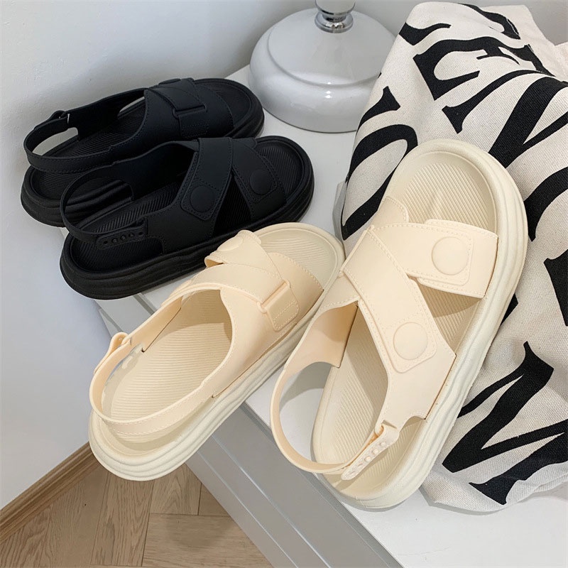 Dép sandal RENBEN đế xuồng chống trượt quai chéo màu trơn đơn giản phong cách Hàn Quốc thời trang đi biển cho nữ