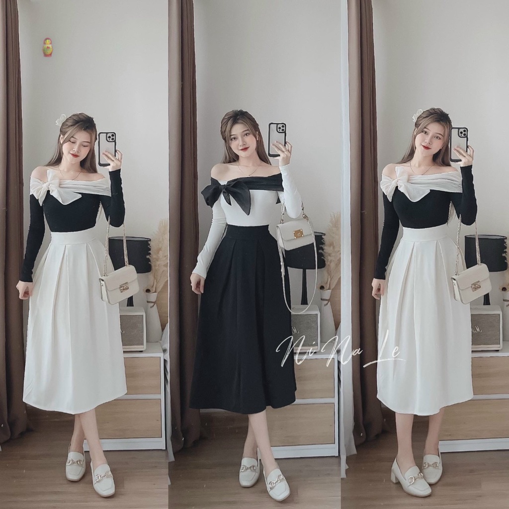 Áo kiểu bẹt vai viền voan nơ ngực tay dài cực hot , chất thun bozip dày dặn mềm mát