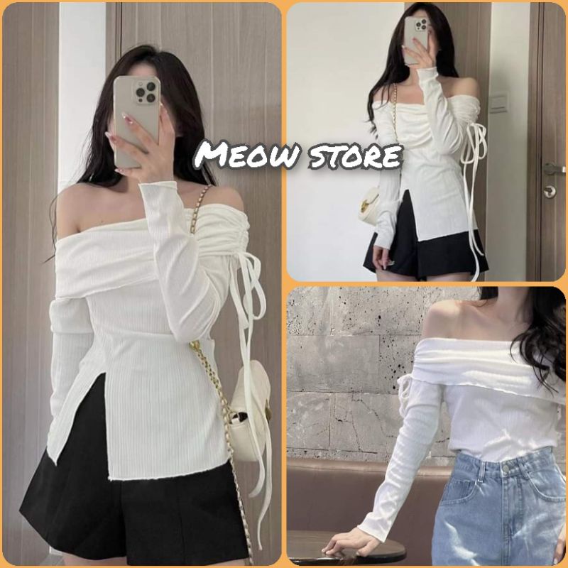 Set bộ áo trễ vai len rút dây vai tay dài+ quần short xoè giả váy ulzzang