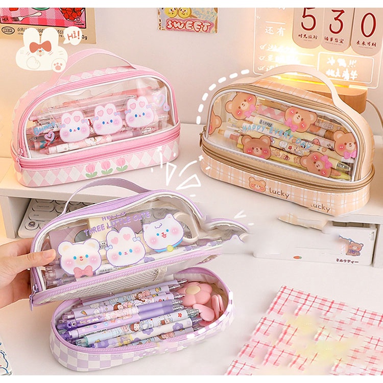 Hộp Bút Da PU To Nhiều Ngăn - Túi Nhựa Trong Sốt Độc Lạ Đựng Mỹ Phẩm Bóp Viết Đa Năng Siêu Cute DUHU HBD28