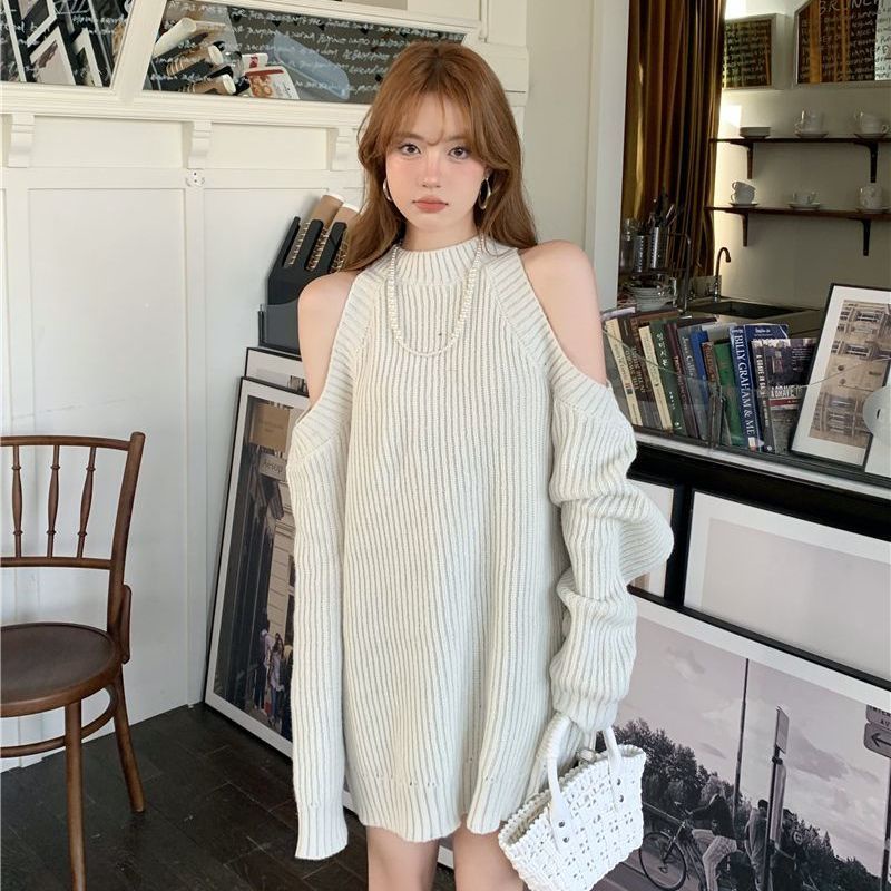 Half-turtleneck off-shoulder sweater women's autumn and winter design sense mid-length loose outerwear sweater top