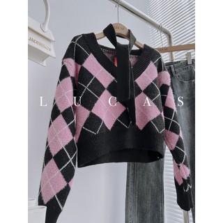 Áo len trám hồng đen cổ v choker