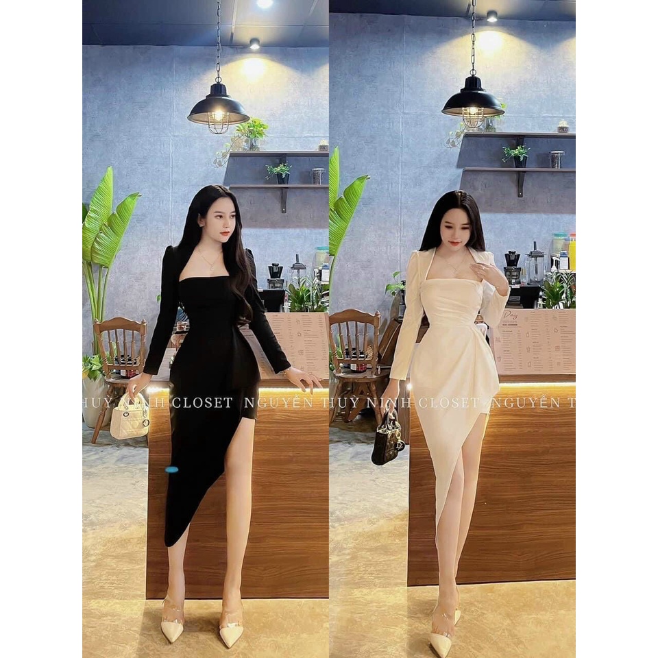 [12.12 Sales Freeship] Váy thiết kế vạc chéo xẻ tà dáng dài chất cotton có mút, đầm cổ vuông tay dài đi tiệc quyến rũ dx