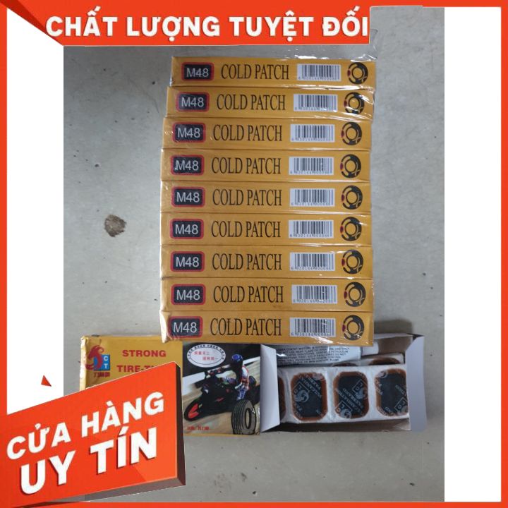 Hộp 24-48 Miếng Keo Dán Cao Su Và Chai Keo Vá Ruột Xe Đạp -Xe Máy Tặng 1 Miếng Giấy Nhám