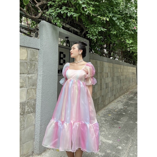 Đầm tơ kiếng babydoll xoè phồng cổ vuông 7 màu cầu vồng dễ thương cute Váy đi chơi dạo phố du lịch đi biển hotgirl tk