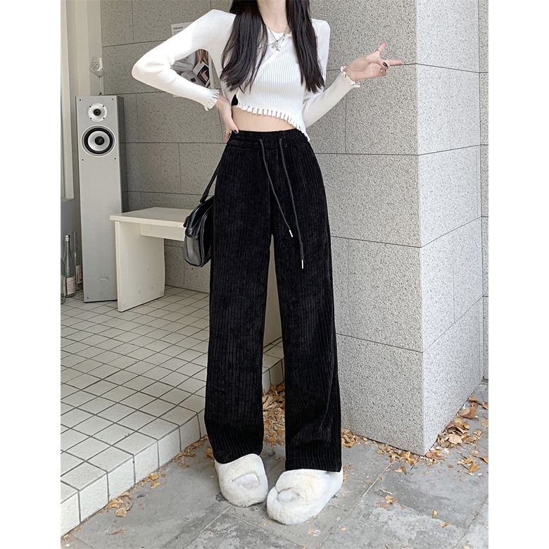 Quần Nhung Ống Rộng Phối Dây Rút Cá Tính Theo Phong Cách Mùa Thu Hàn Quốc Dành Cho