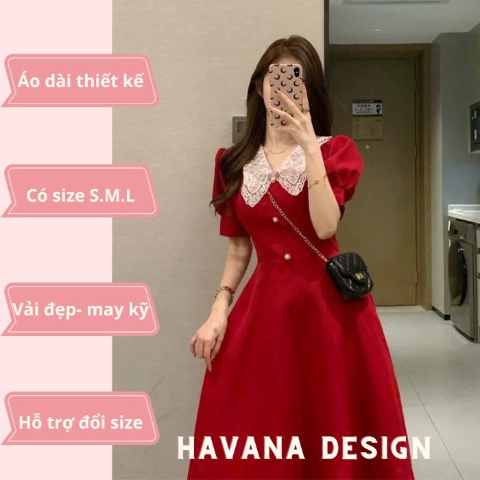 Đầm đỏ dáng dài phối cổ ren, có size, đầm noel, thiết kế tay phồng nơ cột sau lưng , kiểu dáng nữ tính, nhẹ nhàng