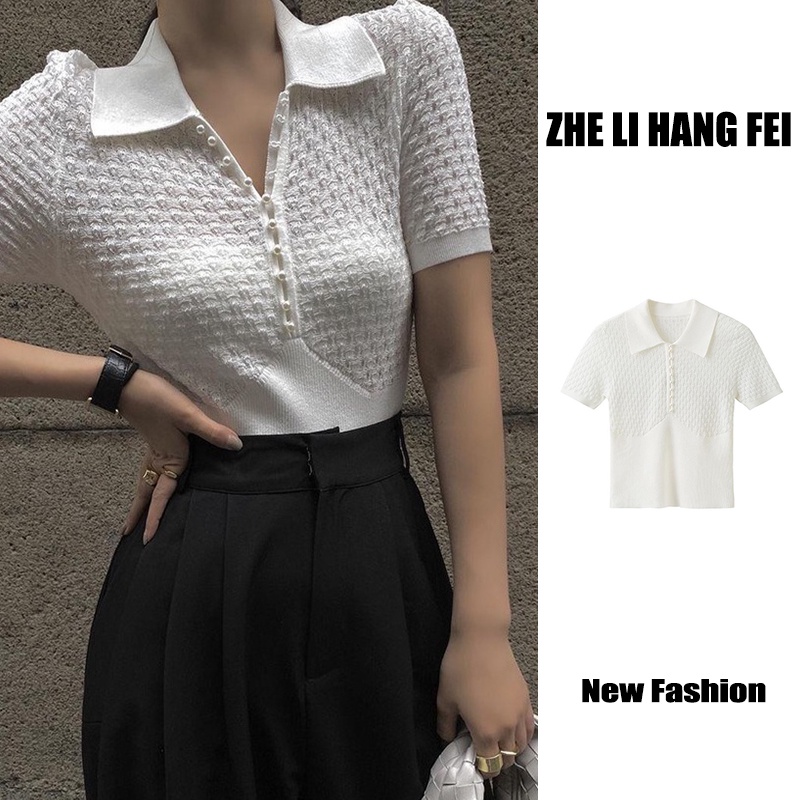 Áo polo dệt kim ZHELIHANGFEI tay ngắn thêu họa tiết đính ngọc trai phong cách thời trang cao cấp cho nữ