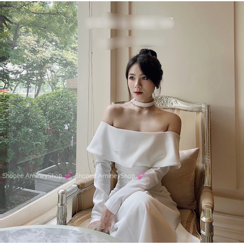 Váy dáng dài trễ vai kèm vòng cổ ,Váy dài tay 2 màu 2 lớp kèm đệm Amineyshop