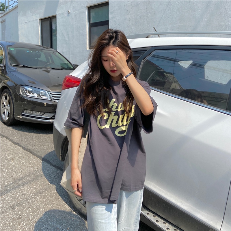 IELGY  IELGY Áo Thun Tay Ngắn Dáng Rộng In Chữ Phong Cách Mỹ Thời Trang Cho Nữ