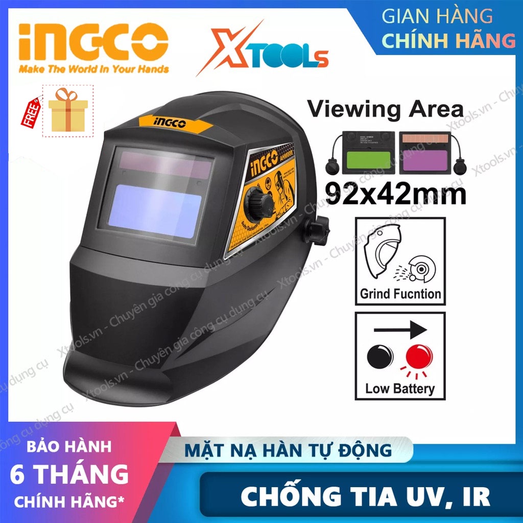 Kính hàn điện tự động INGCO AHM008 mặt nạ hàn điện tử cảm biến cao, tự động tối khi hàn, điều chỉnh độ sáng mặt kính lớn