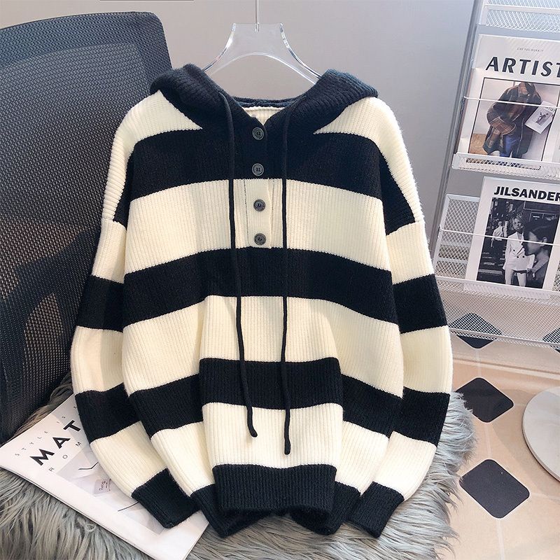 Áo Hoodie Dệt Kim Họa Tiết Kẻ Sọc Trắng Đen Thời Trang Xuân Thu Cho Nữ
