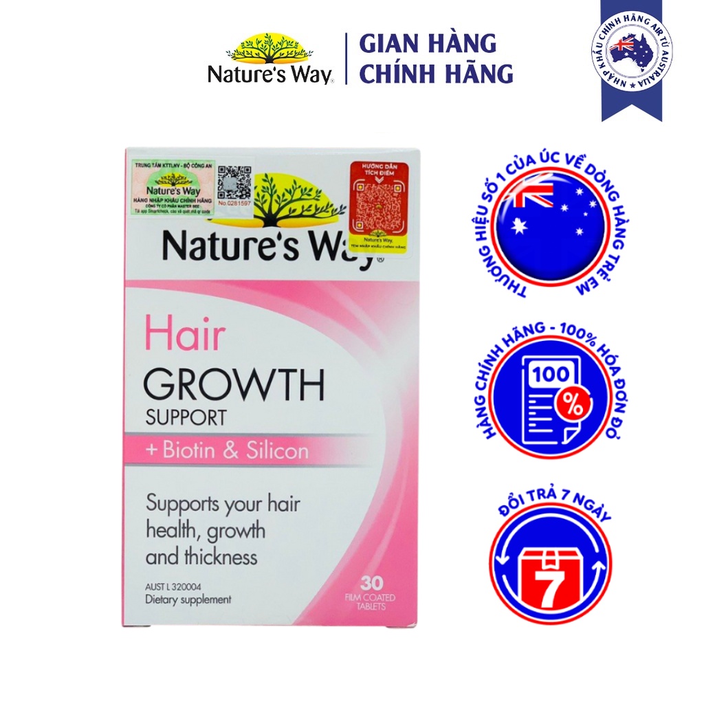 Viên Uống Hỗ Trợ Mọc Tóc Nature's Way Hair Growth Support + Biotin & Silicon, Giảm Rụng Tóc, Nuôi Dưỡng Tóc Hộp 30v