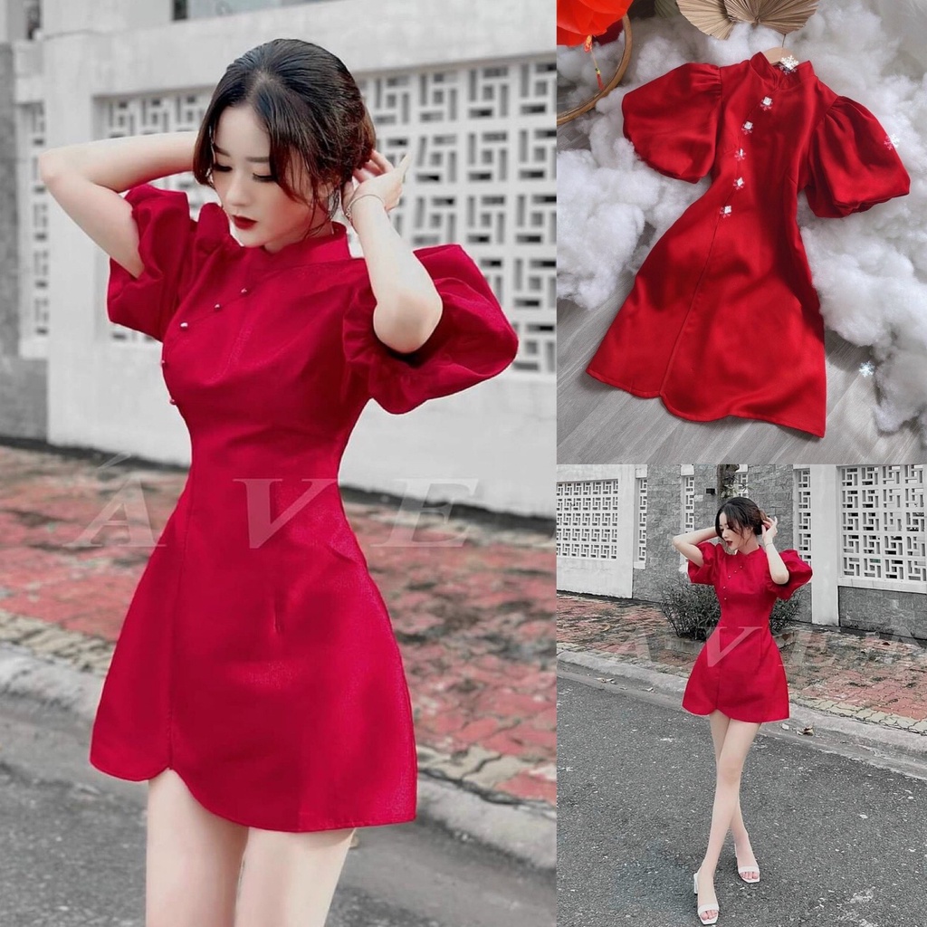 Đầm Váy Nữ Chất Vỉa Cotton Lạnh Cổ Tàu Tay Phồng Tông Màu Đỏ Thiết Kế Sang Chảnh Đi Làm Công Sở, Dạ Hội Và Du Lịch