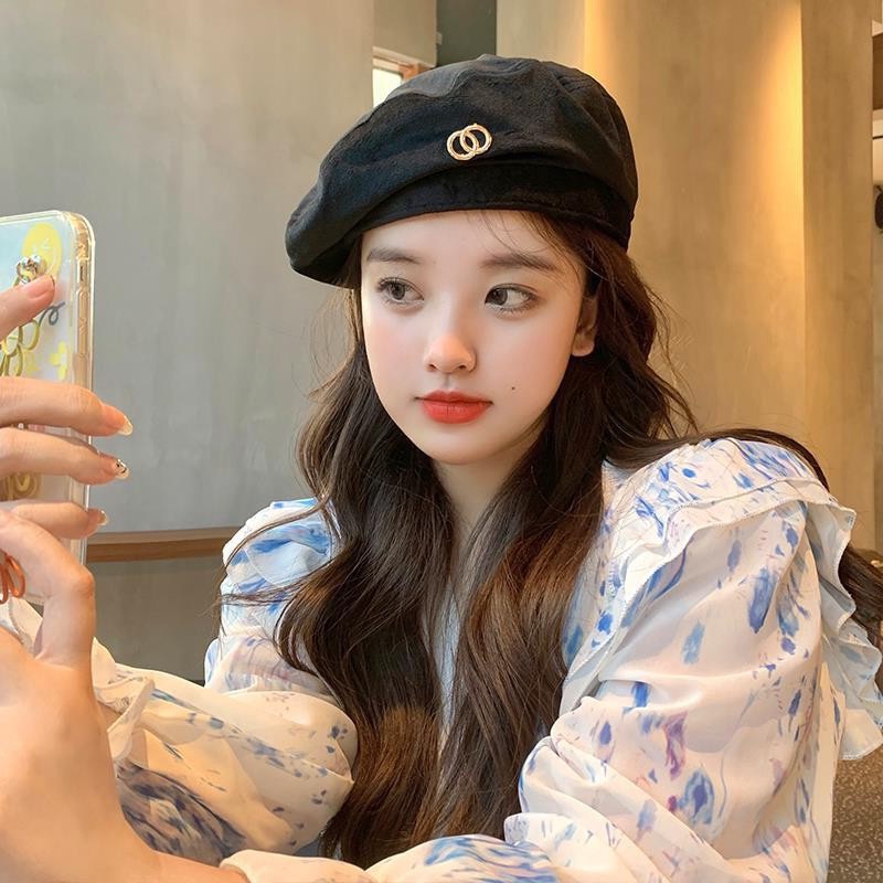 Mũ beret Nhung Đen Phong Cách Hàn Quốc Cổ Điển Mùa Thu Chất Lượng Cao Cho Nữ