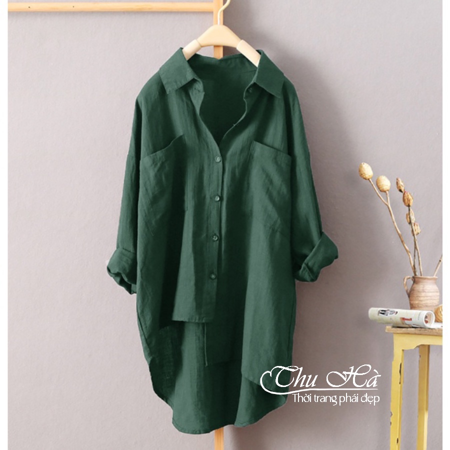 Áo sơ mi đũi nữ bigsize từ 40 đến 95kg Thu Hà form dài rộng kiểu tà lệch trẻ trung sang chảnh SMH.31