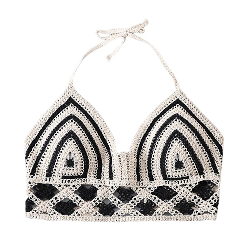 Áo Ngực Đan Len Cổ Chữ V Hở Lưng Họa Tiết Kẻ Sọc Màu Khối Thời Trang Quyến Rũ Cho Nữ