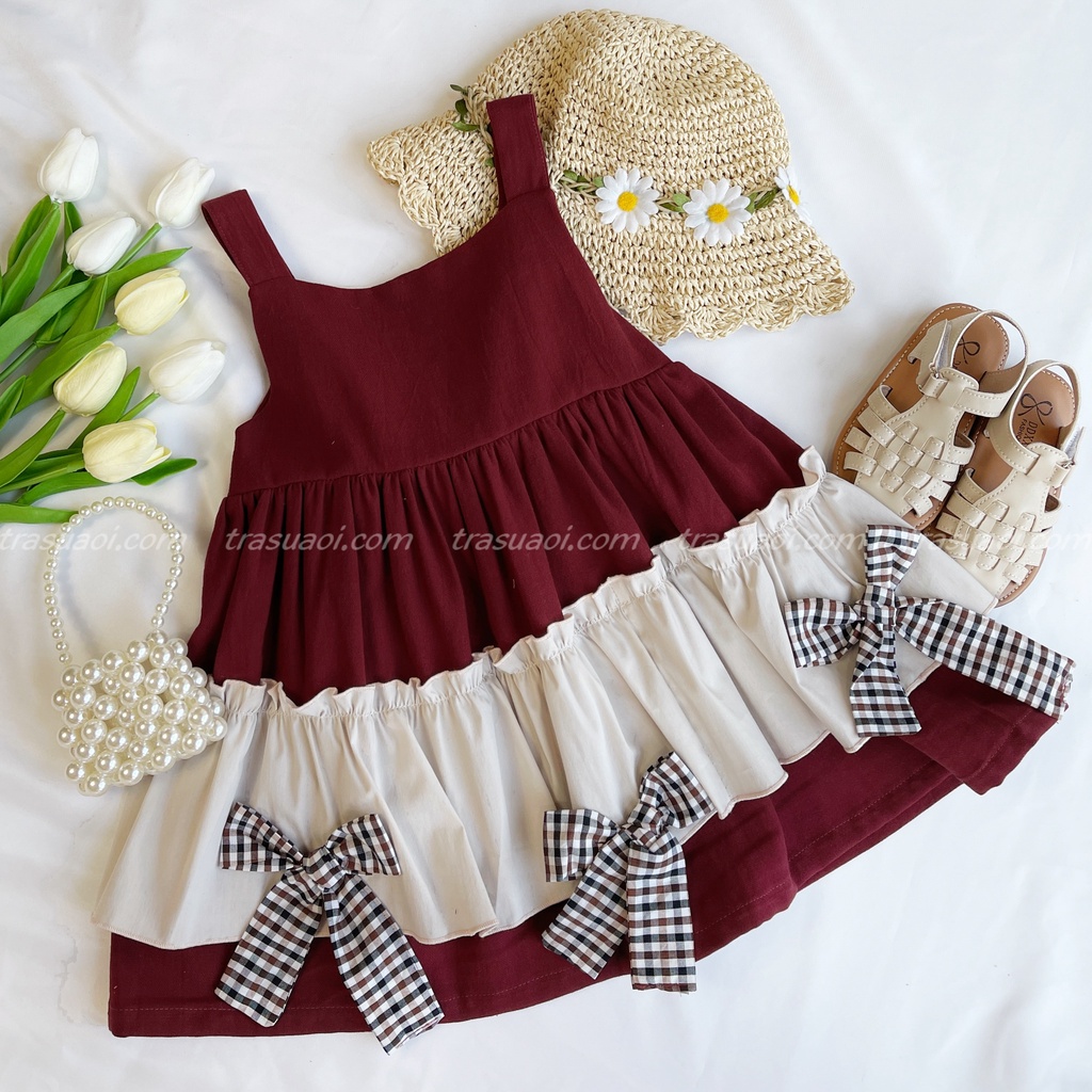 Váy bé gái, đầm ba lỗ cho bé gái từ 8-26kg màu đỏ phối be kèm nơ kiểu dáng dễ thương, đồ tết trẻ em – TRASUAOI D069