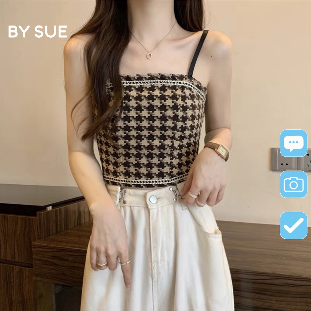 Áo Bra Hai Dây Dạ Họa Tiết Houndstooth Xếp Li Yếm Nữ Thời Trang Retro Dịu Dàng - BY SUE AB32