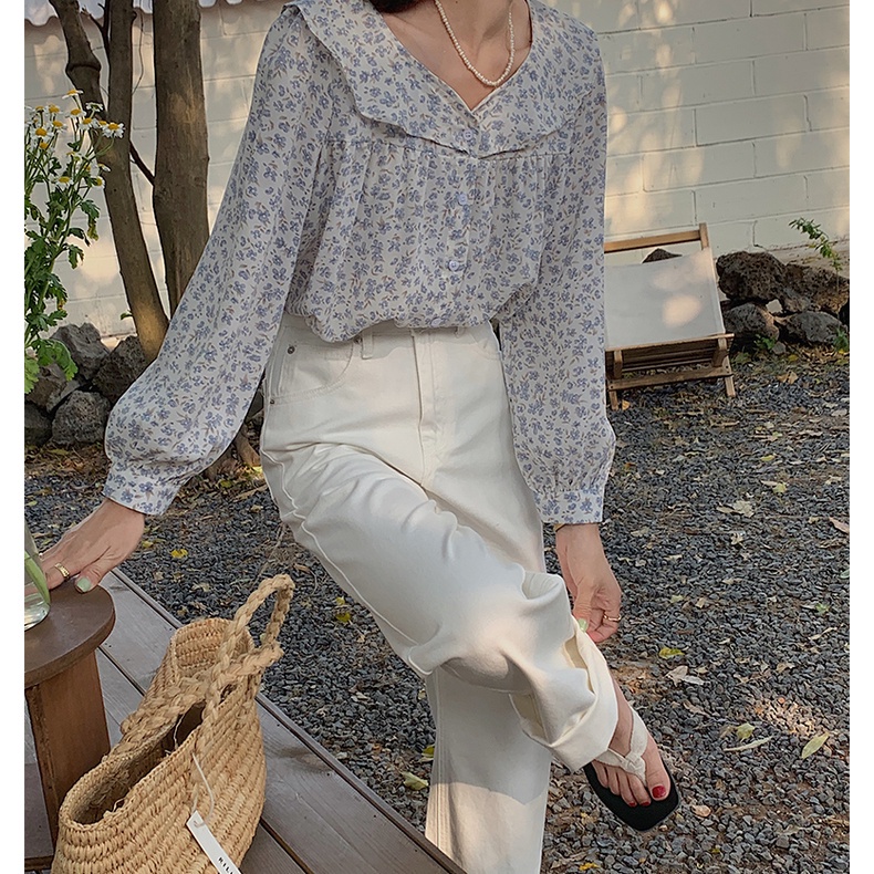 Áo sơ mi SUXI tay dài dáng rộng cổ búp bê in hoa thời trang cho nữ