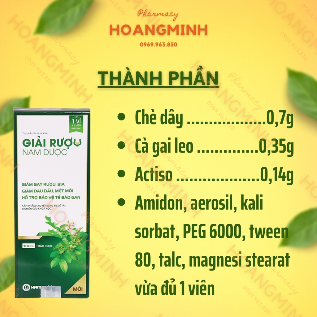 GIẢI RƯỢU NAM DƯỢC [Hộp 6 Viên] Hỗ Trợ Giảm Say Rượu, Giảm Các Triệu Chứng Khó Chịu Sau Khi Uống Rượu, Bia, Giải Độc Gan