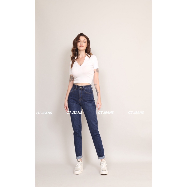 Quần baggy jean nữ trơn lưng cao chất vải bò co giãn thoáng khí CP38, CT JEANS